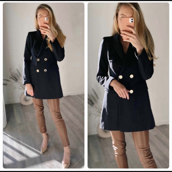 ZARA | NWT DOUBLE BREASTED LONG BLAZER BLACK L - Picture 7 of 15